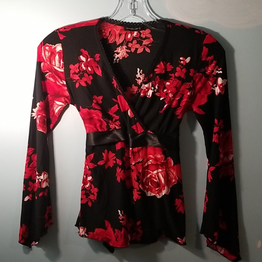 Fairweather black & red floral print long sleeve